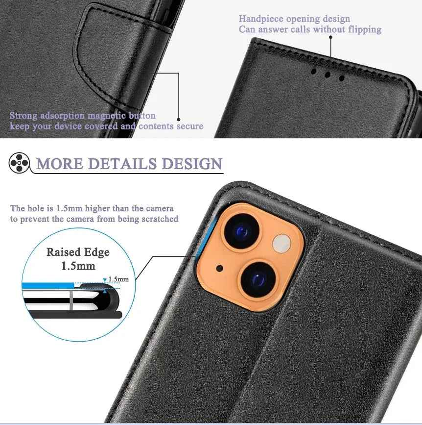 Black TechPlus iPhone 15 Pro wallet case with slim leather flip cover and built-in card holder.