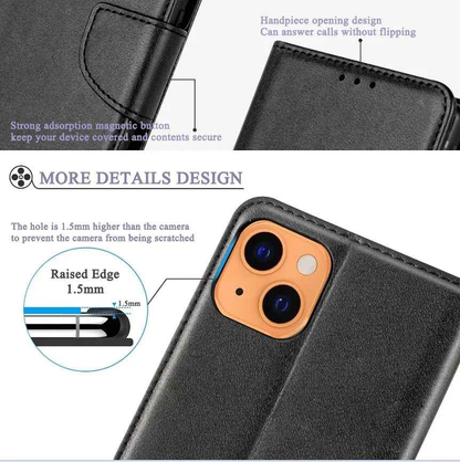 Black TechPlus iPhone 15 Pro wallet case with slim leather flip cover and built-in card holder.