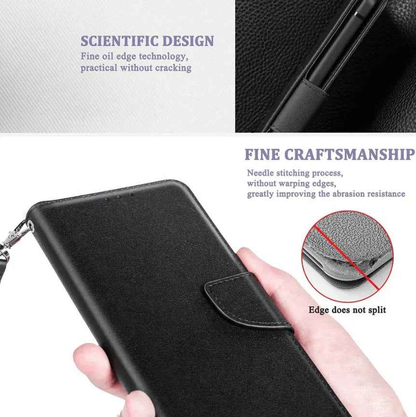 Black TechPlus iPhone 15 Pro wallet case with slim leather flip cover and built-in card holder, designed for protection and convenience.