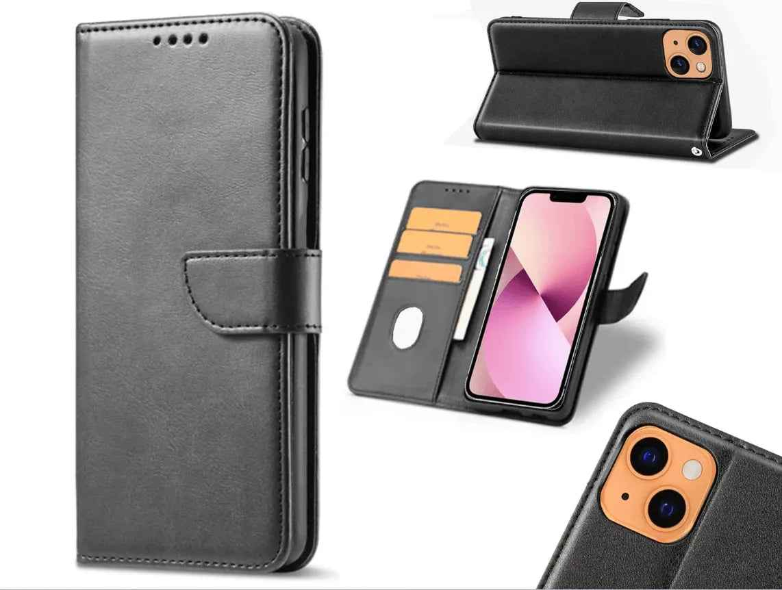 Black TechPlus iPhone 15 Pro wallet case with slim leather flip cover and card holder, designed for secure phone protection.
