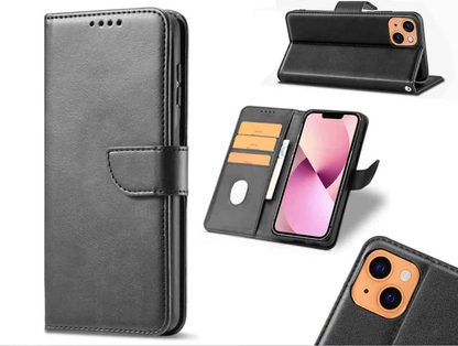 Black TechPlus iPhone 15 Pro wallet case with slim leather flip cover and card holder, designed for secure phone protection.