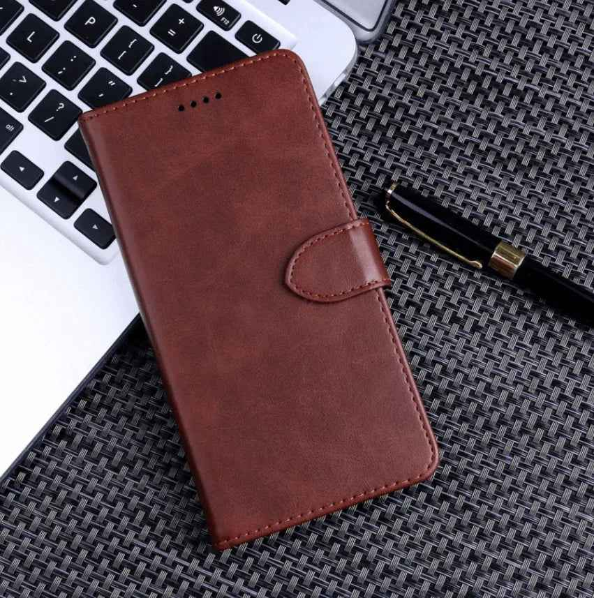 Black TechPlus iPhone 15 Pro wallet case with slim leather flip cover and card holder, designed for protection and convenience.