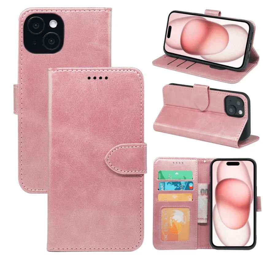 Black TechPlus iPhone 15 Pro wallet case with slim leather flip cover and integrated card holder for convenience.