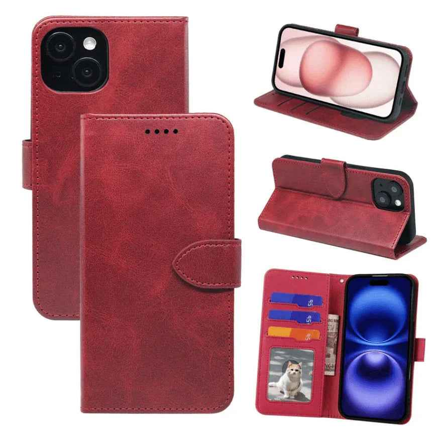 Black TechPlus iPhone 15 Pro wallet case with slim leather flip cover and built-in card holder, designed for secure protection.