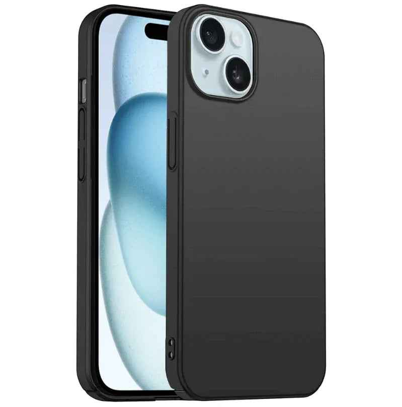 Black TechPlus silicone case for iPhone 15, soft protective cover with a smooth finish, designed to fit snugly around the phone.