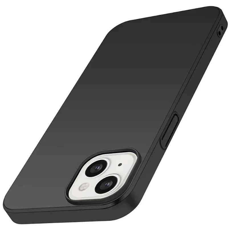 Black silicone case for iPhone 15 by TechPlus, soft protective cover with a smooth finish and precise cutouts.
