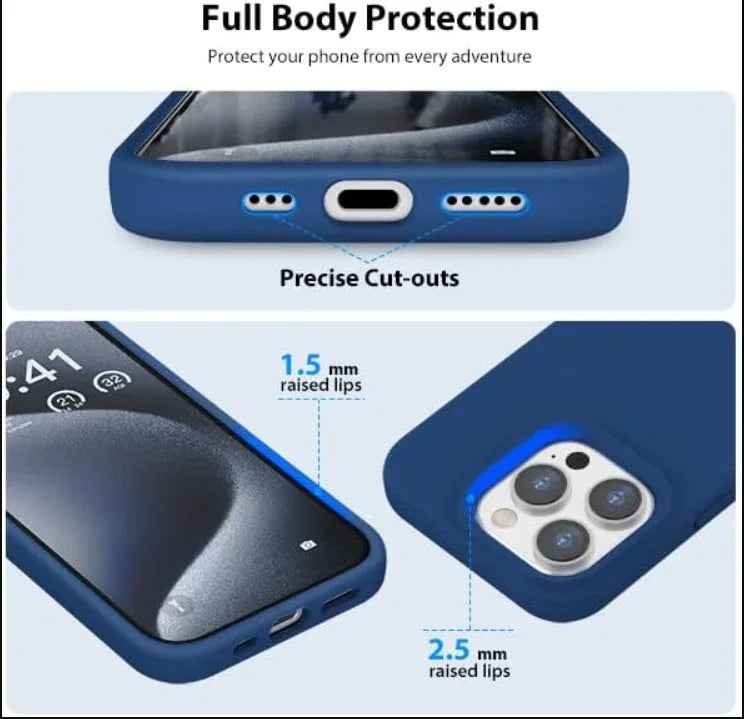 TechPlus silicone case for iPhone 16 Pro Max in black, blue, and red, soft protective cover with a smooth finish.