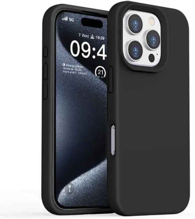 TechPlus iPhone 16 Pro silicone case in black, blue, and red, soft protective cover showing the textured material and snug fit.
