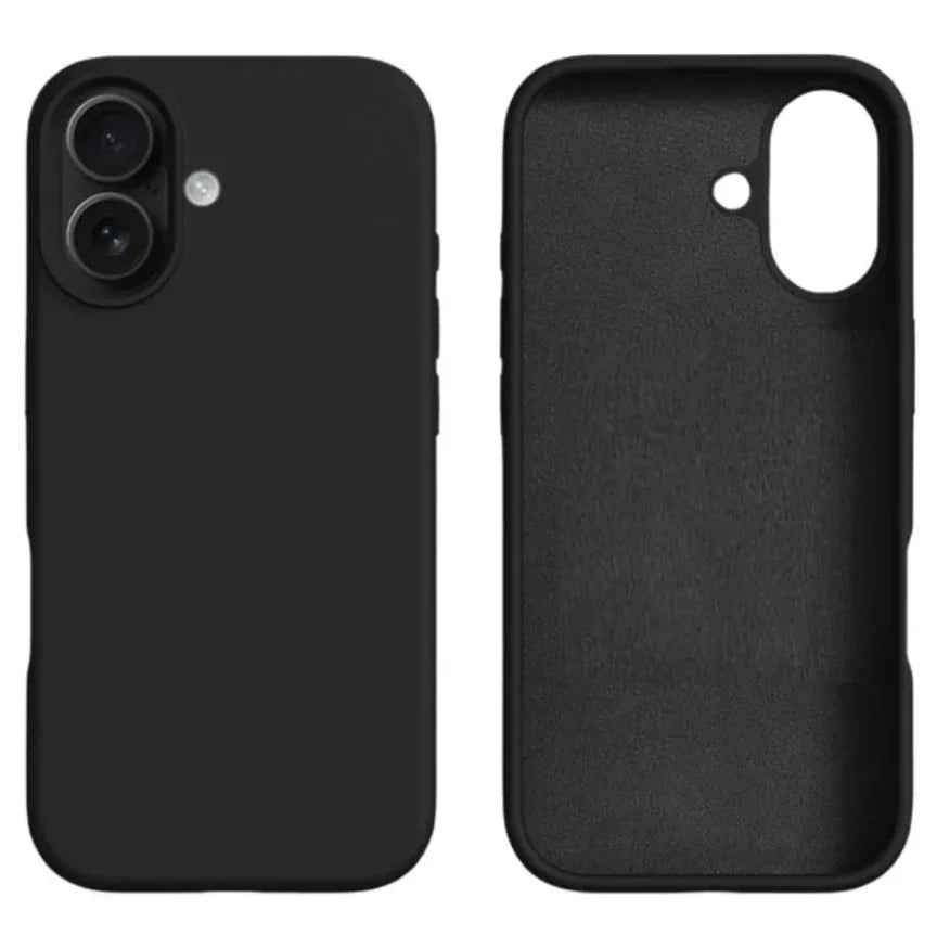Black silicone case for iPhone 17 by TechPlus, soft protective cover fitting snugly around the phone with a smooth finish.