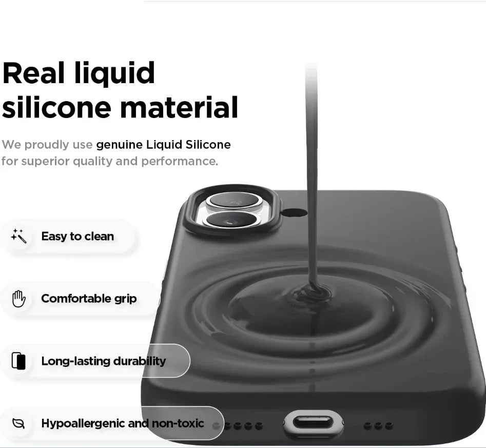 Black TechPlus silicone case for iPhone 17, soft protective cover with snug fit and smooth texture, designed to safeguard the phone.