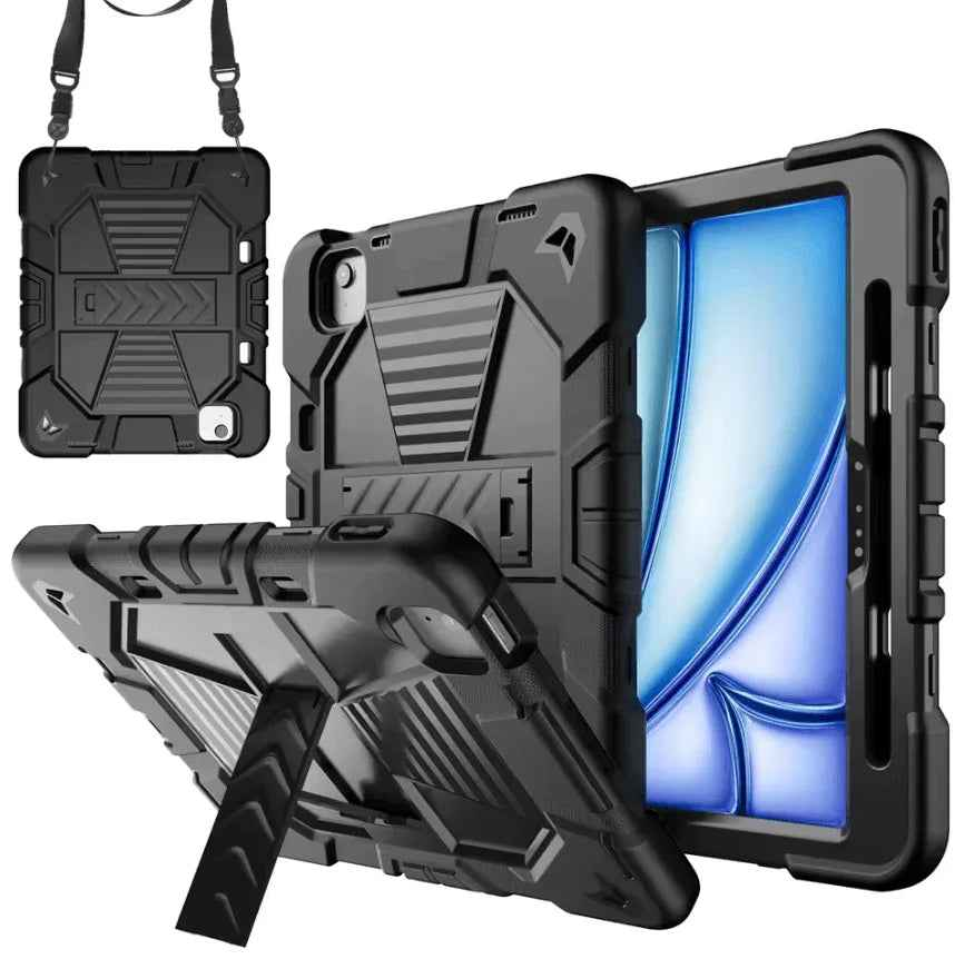 Techplus black Rugged iPad Air 11" 2024 case with shockproof cover, stand, and pencil holder, designed for protection and convenience.