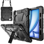 Techplus black Rugged iPad Air 11" 2024 case with shockproof cover, stand, and pencil holder, designed for protection and convenience.