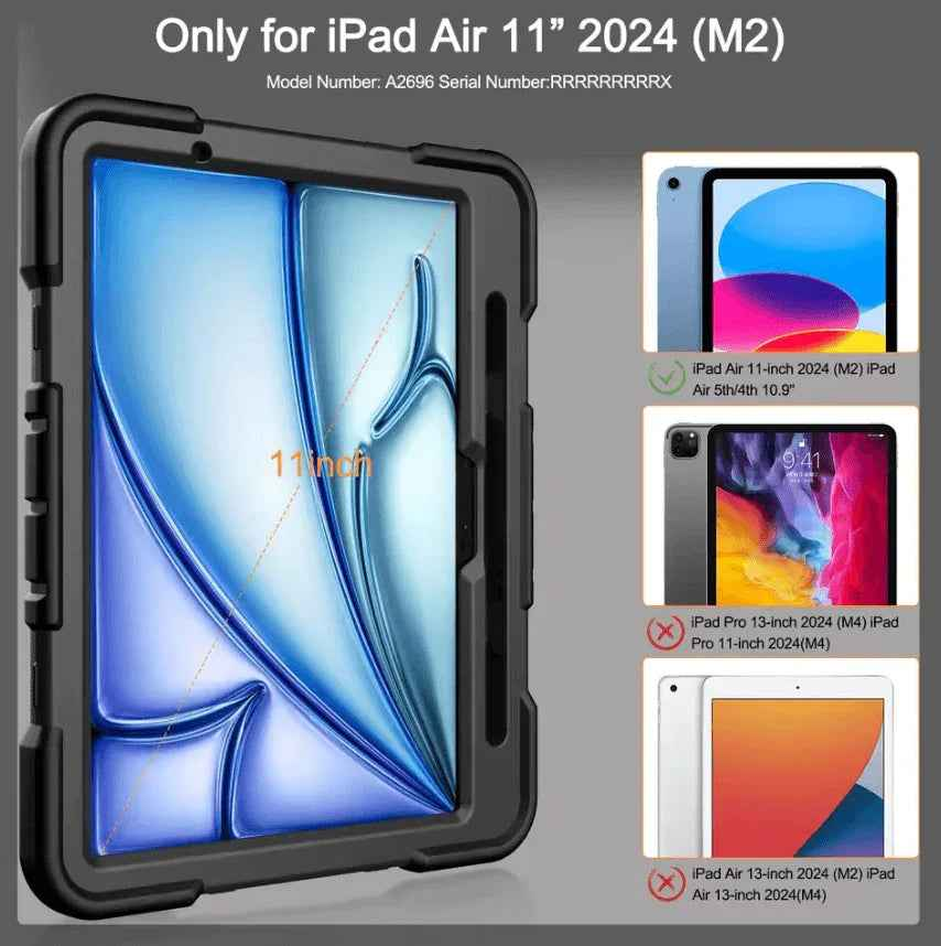 TechPlus black rugged iPad Air 11" 2024 case with shockproof cover, stand, and pencil holder, designed for durability and protection.