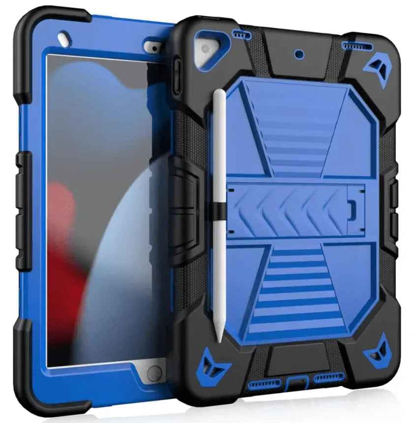 Techplus black rugged iPad Pro 11-inch case with shockproof design, built-in stand, and pencil holder for protection and convenience.