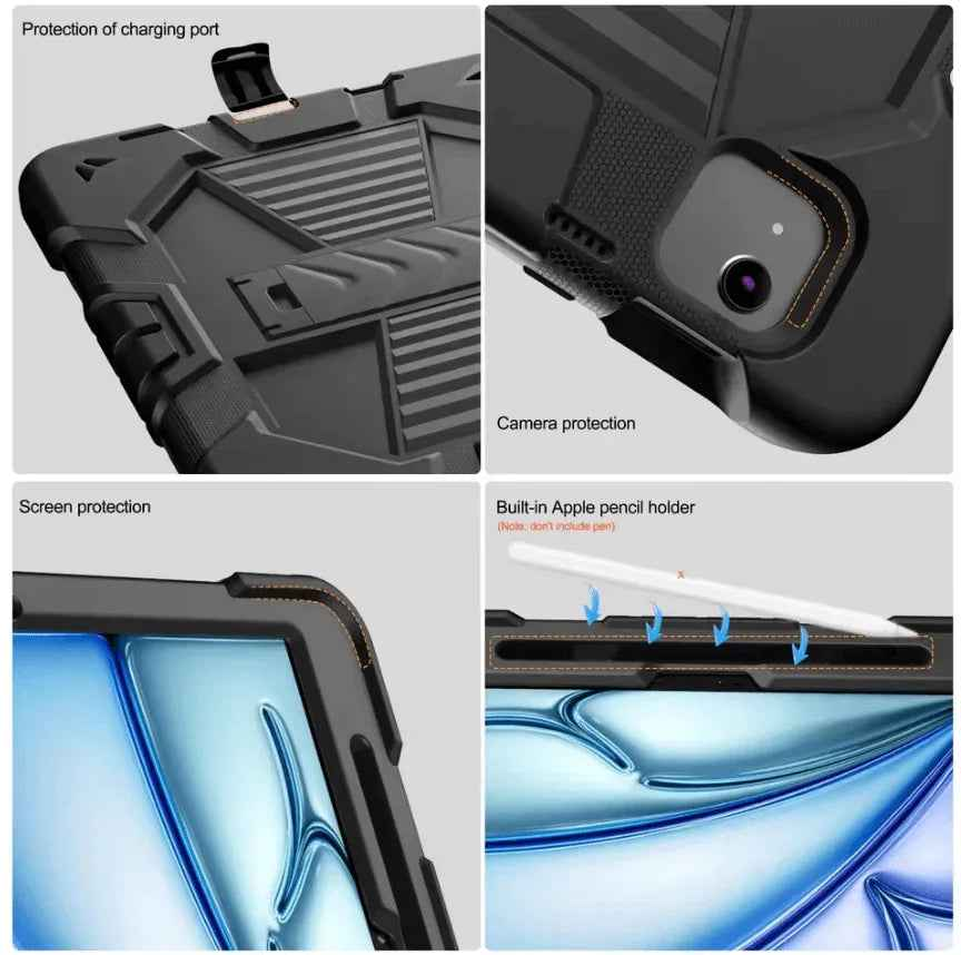 Techplus black rugged iPad Pro 11-inch case with heavy-duty shockproof cover, stand, and pencil holder