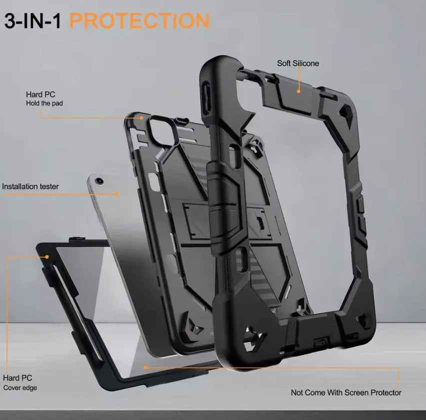 Techplus rugged black iPad Pro 11-inch case with shockproof cover, built-in stand, and pencil holder.