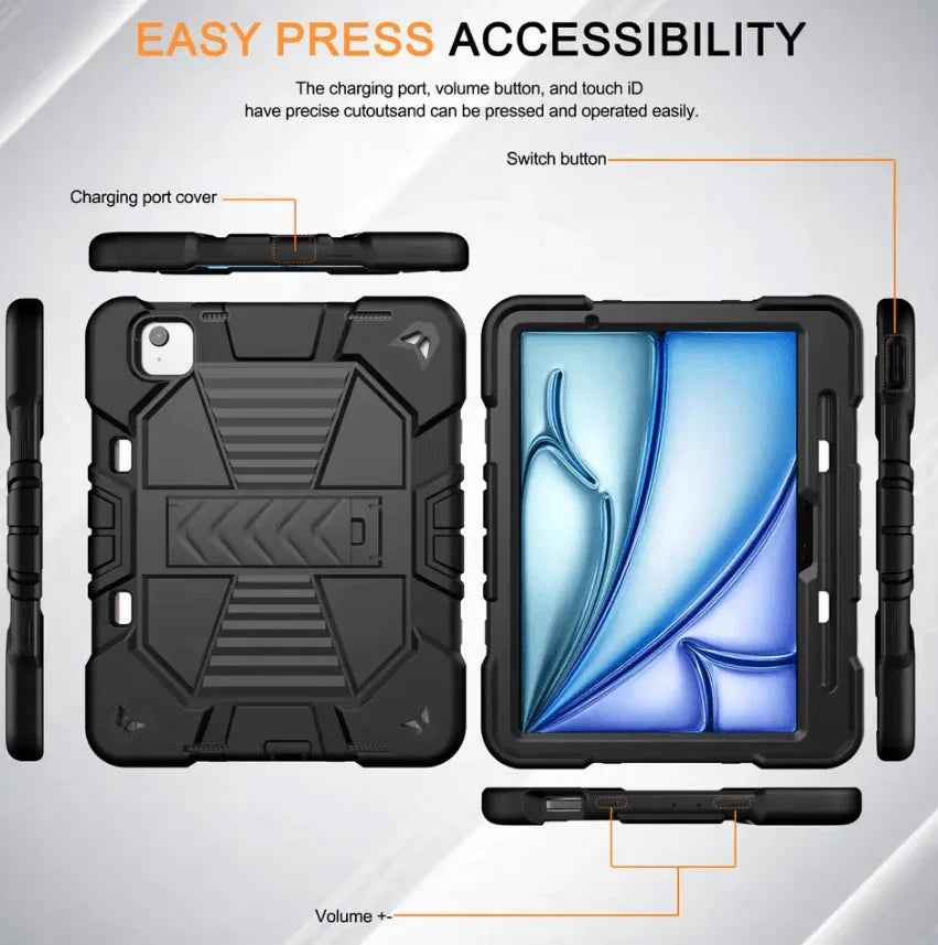 Black TechPlus Rugged iPad Pro 11-inch case with shockproof cover, stand, and pencil holder for heavy-duty protection.