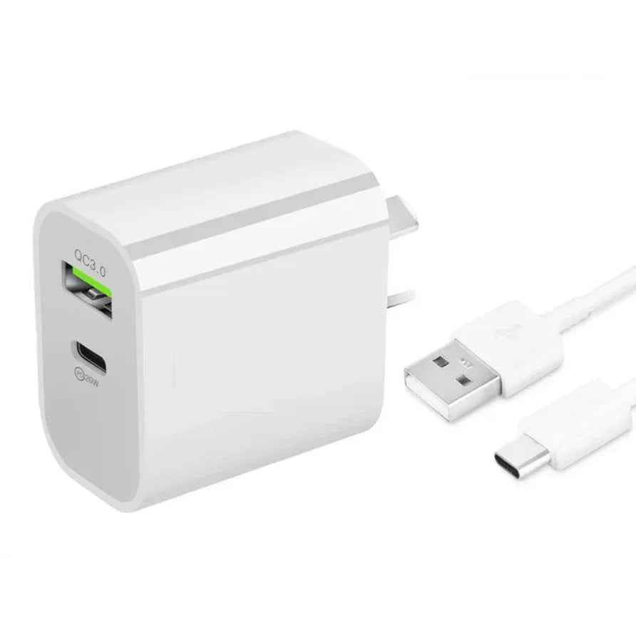 Techplus 20W fast wall charger with USB-C PD port and Type-C cable for quick device charging.