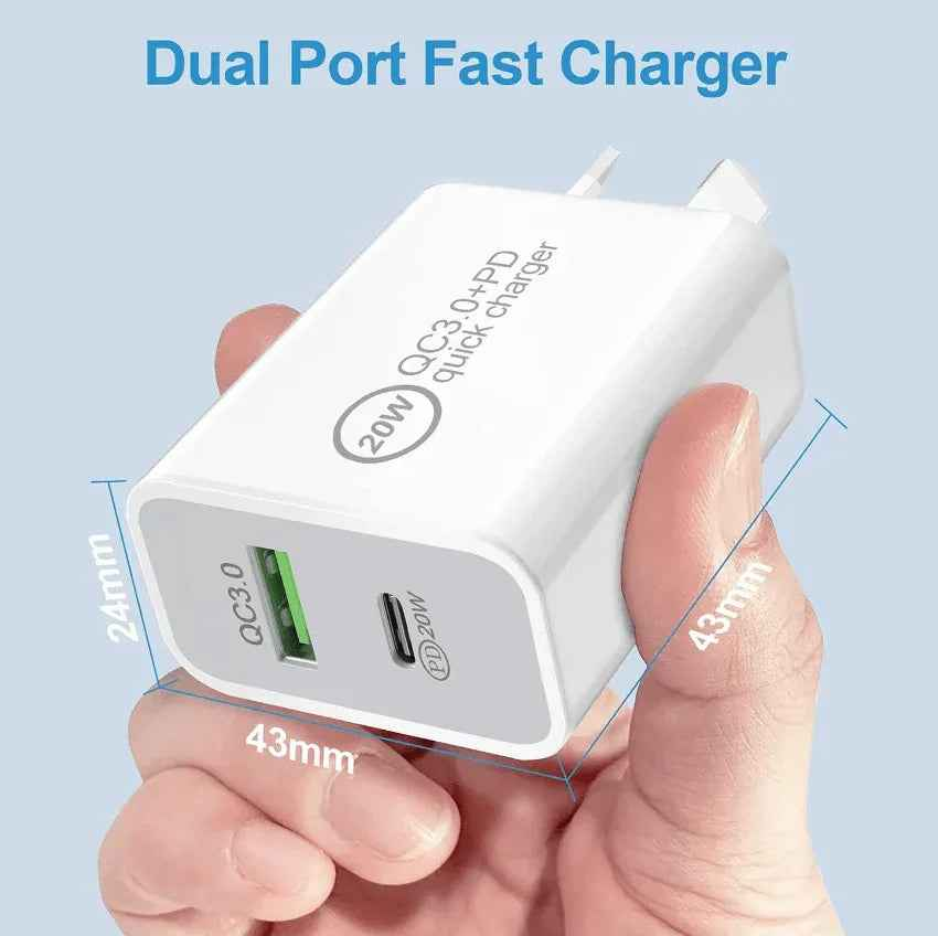 Techplus 20W fast wall charger with USB-C PD port and Type-C cable for quick device charging.