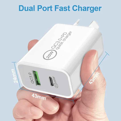 Techplus 20W fast wall charger with USB-C PD port and Type-C cable for quick device charging.