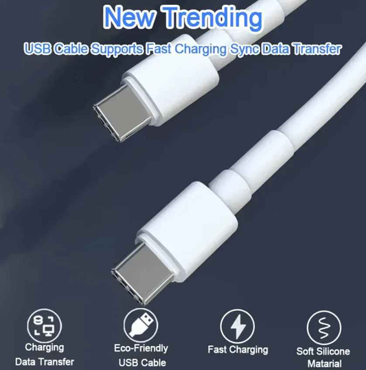 Techplus 5A 100W USB-C to USB-C cable for fast charging and data transfer, shown connected to devices.