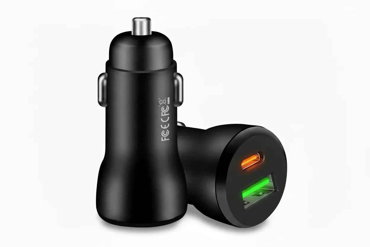 Techplus car charger with Type-C and USB ports for fast charging of mobile devices, compact and portable design.