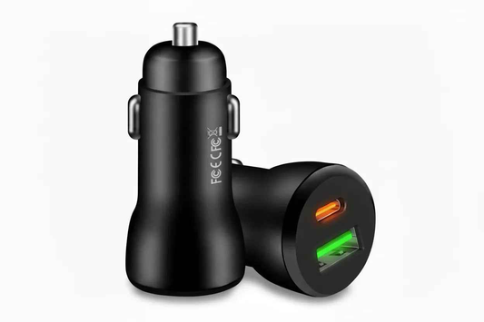 Techplus car charger with Type-C and USB ports for fast charging of mobile devices, compact and portable design.