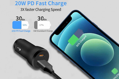 Techplus car charger with Type-C and USB fast charging ports for mobile devices, compact and easy to use in vehicles.