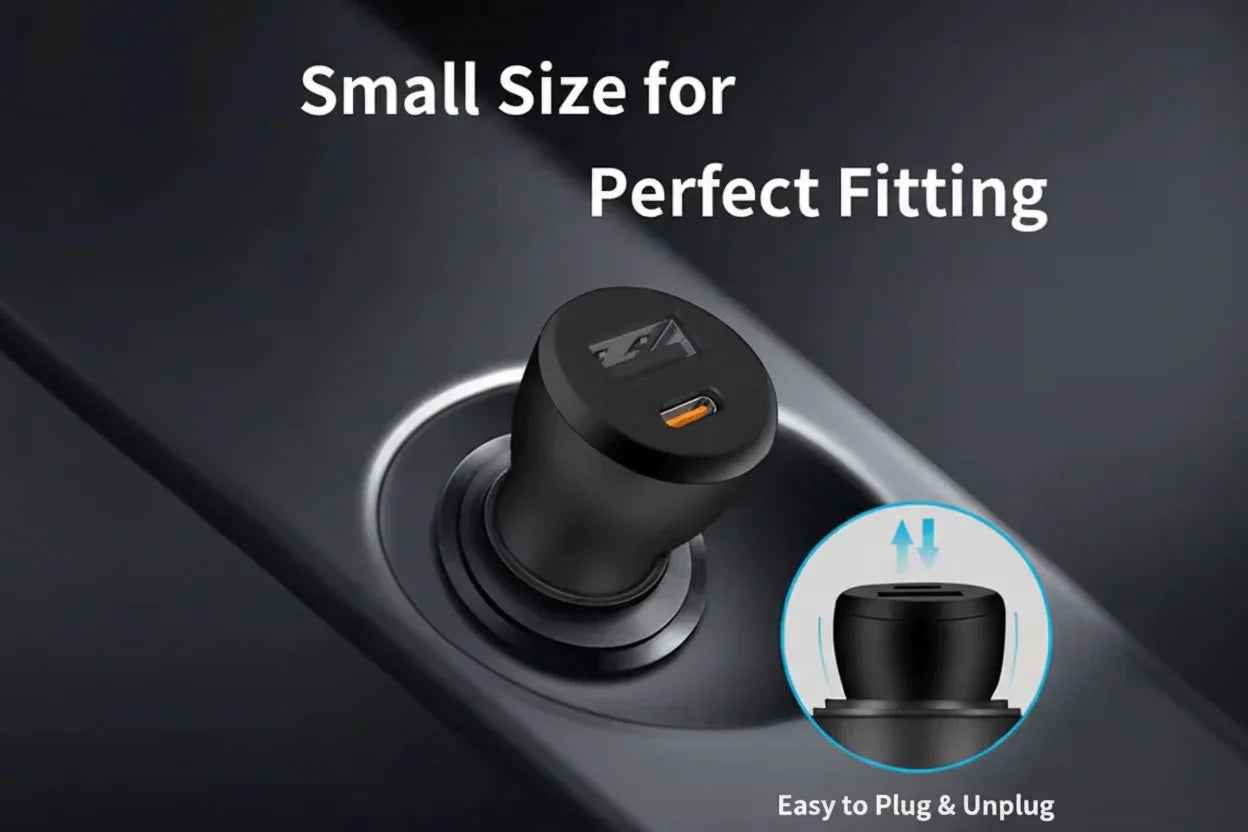 Techplus car charger with Type-C and USB ports, fast charging mobile adapter connected to vehicle dashboard.