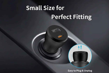 Techplus car charger with Type-C and USB ports, fast charging mobile adapter connected to vehicle dashboard.