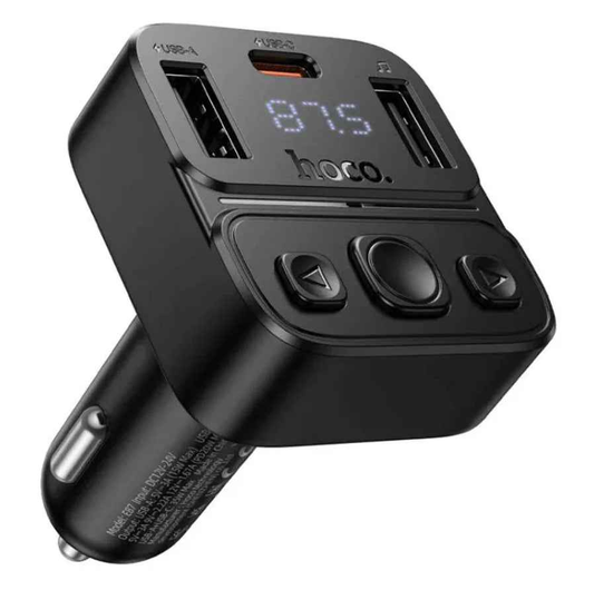 Hoco E87 dual port 35W car Bluetooth FM transmitter connected to vehicle dashboard with display and control buttons