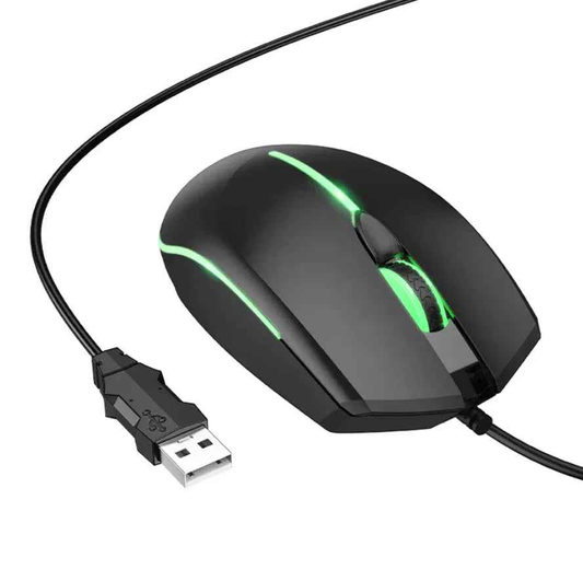 Hoco GM37 RGB wired gaming mouse with 2400 DPI from TechPlus, showing ergonomic design and colorful RGB lighting.