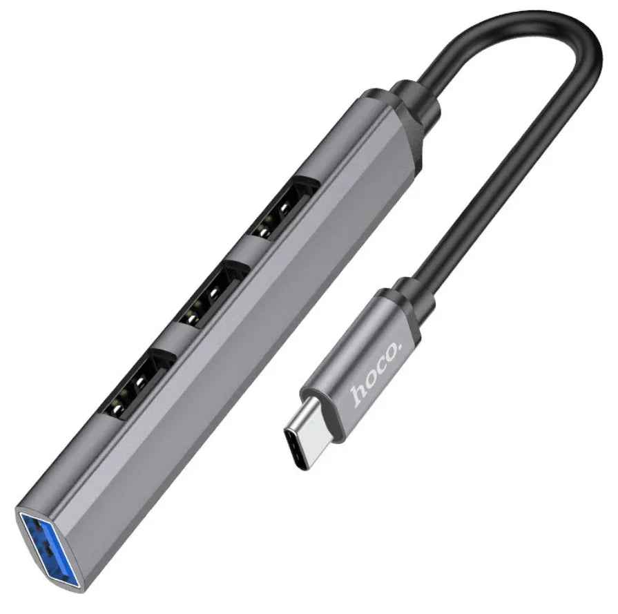 Techplus Hoco HB26 4-in-1 Type-C to USB hub showing multiple ports for easy device connectivity.