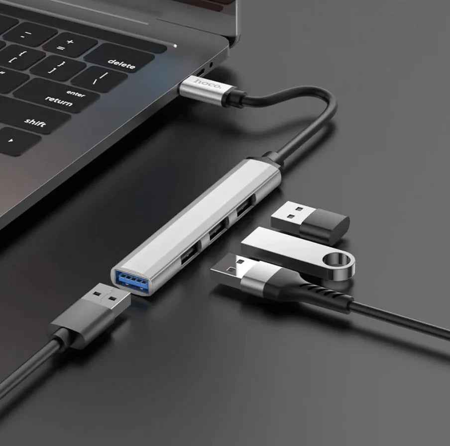 Techplus Hoco HB26 4-in-1 Type C to USB hub showing multiple ports on a sleek black device