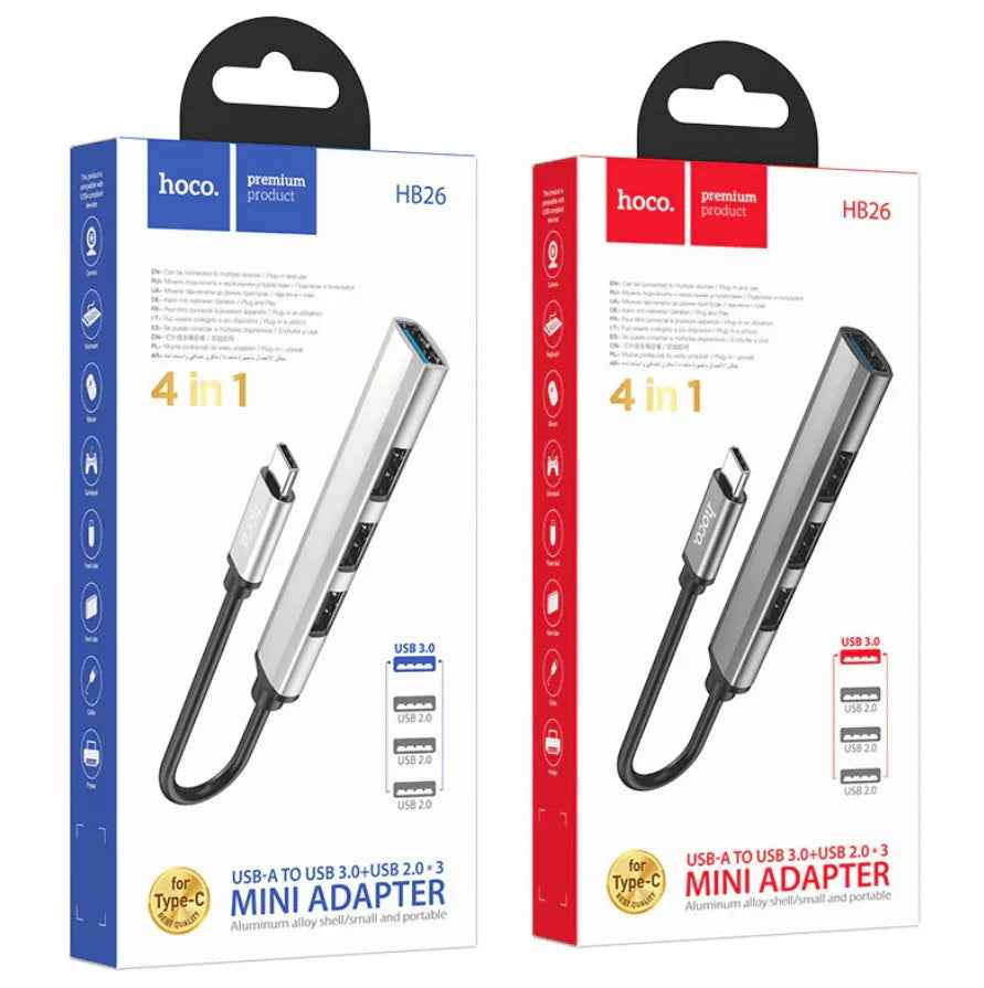Techplus Hoco HB26 4-in-1 Type C to USB hub with multiple port options for versatile device connectivity.