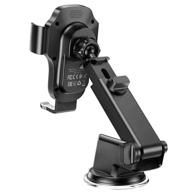 Techplus Hoco HW3 wireless fast charging car phone holder mounted on dashboard with phone in landscape orientation.