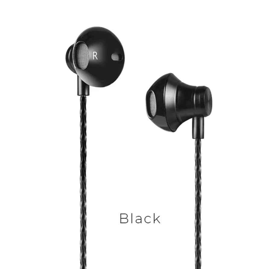 Techplus Hoco M18 Gesi metallic in-ear earphones with mic, 3.5mm jack, showcasing sleek design and in-ear fit.