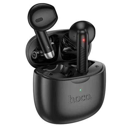 Black Hoco TWS Earbuds with deep bass and IPX4 water resistance, featuring a sleek design and wireless charging from TechPlus.