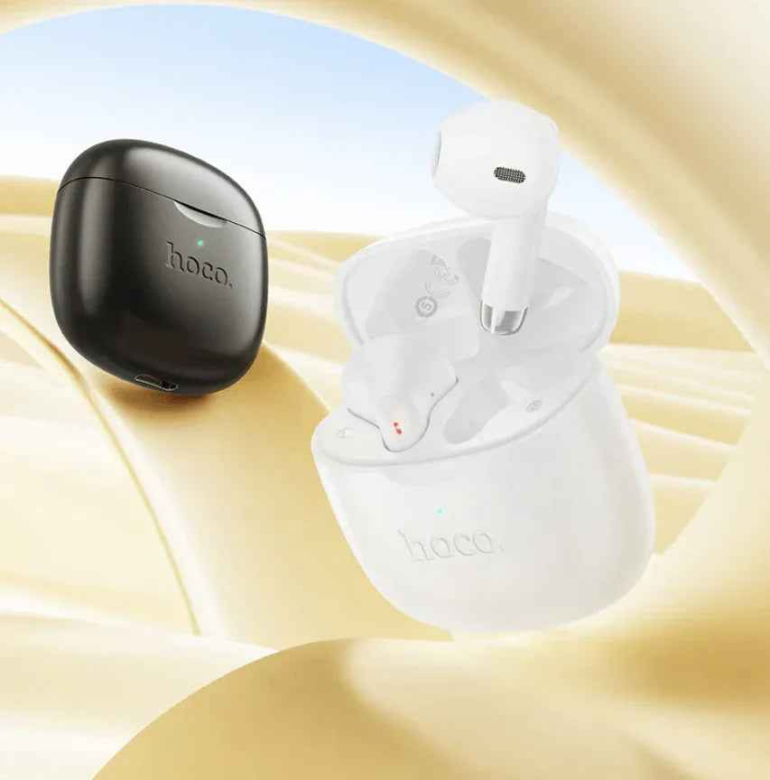 Black Hoco TWS Earbuds with deep bass, IPX4 water resistance, by TechPlus, shown in sleek compact design.
