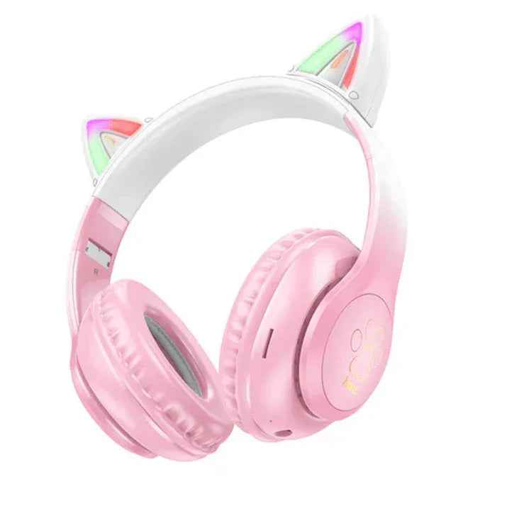 Pink Hoco W42 wireless Bluetooth headphones with LED lights, designed by TechPlus, shown in a close-up view.