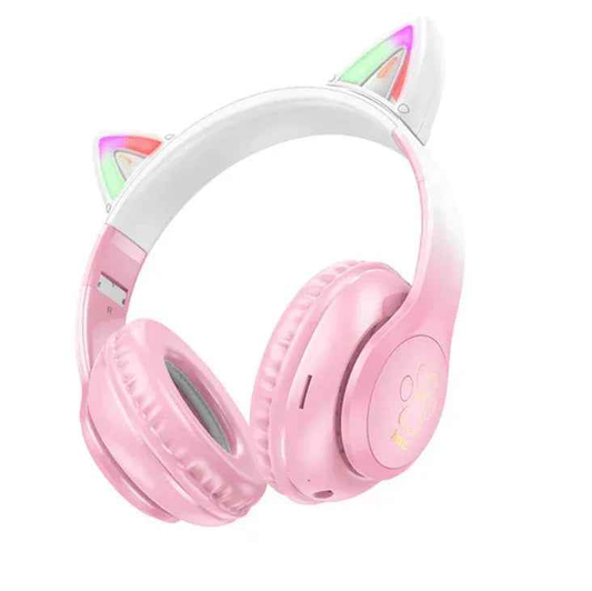 Pink Hoco W42 wireless Bluetooth headphones with LED lights, designed by TechPlus, shown in a close-up view.