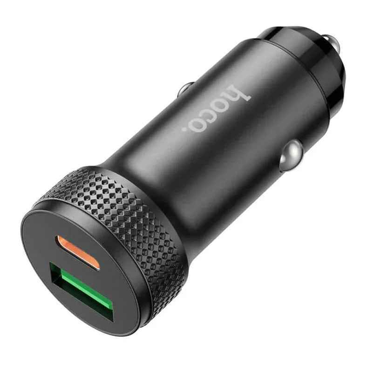 TechPlus Hoco Z49B dual-port car charger with 38W USB-C PD and USB-A QC fast charging ports for smartphones and devices.