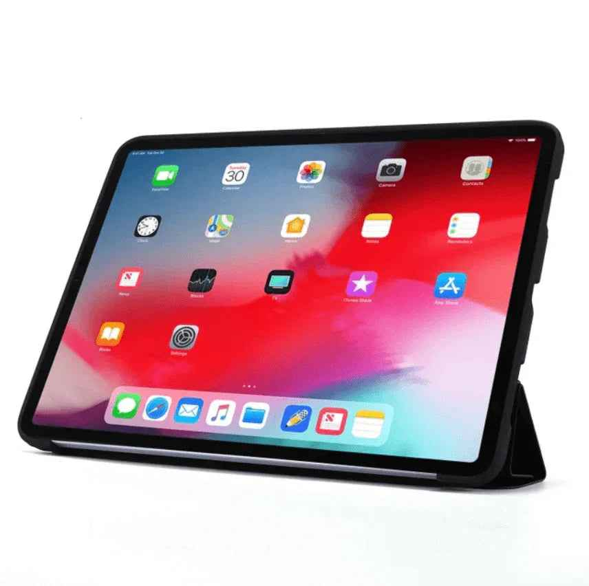 Techplus iPad Pro 11 2nd Gen smart case, ultra-slim trifold protective cover with precise cutouts and soft interior for the 2020 model.