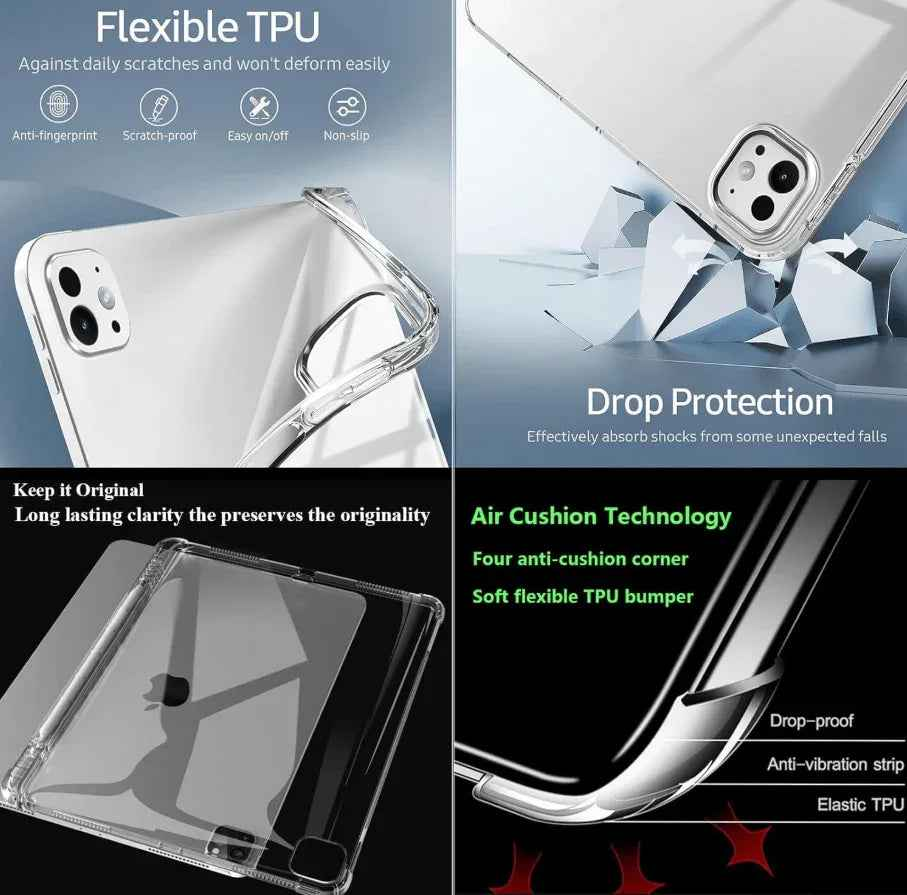 TechPlus clear shockproof soft case for iPad Pro 11-inch 2nd to 4th Gen (2020-2022) with protective edges and transparent design.