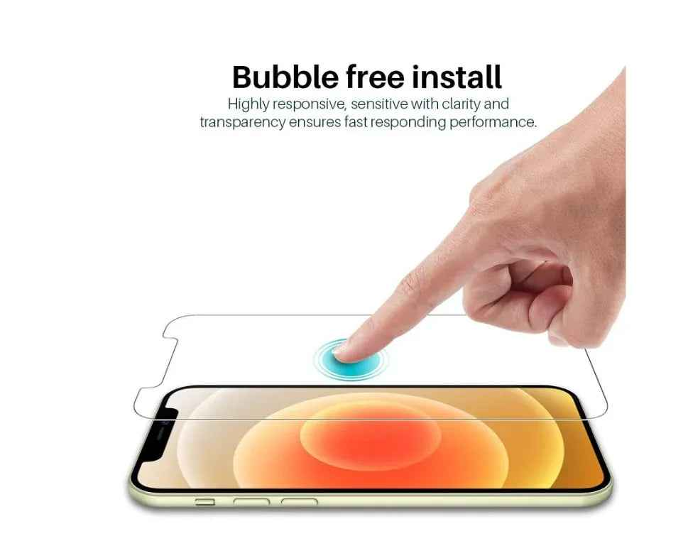 Clear techplus iPhone 12 glass screen protector showing a sleek, transparent design fitting the device screen perfectly.