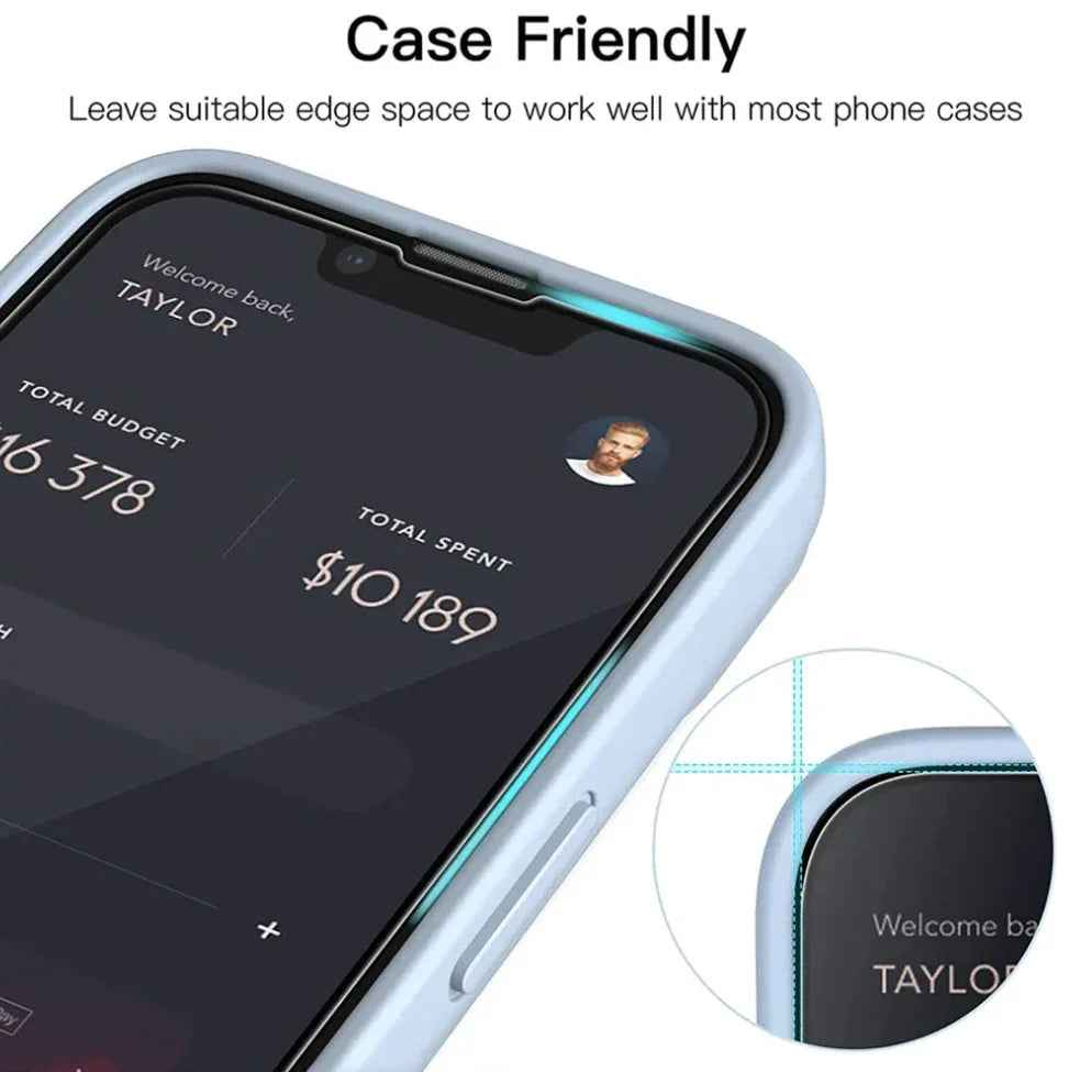 Clear TechPlus iPhone 12 glass screen protector covering the front of the phone for protection and screen clarity.