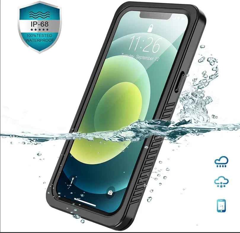 Techplus iPhone 12 Pro Max waterproof case in red with full protective cover, showing the durable, splash-resistant design.