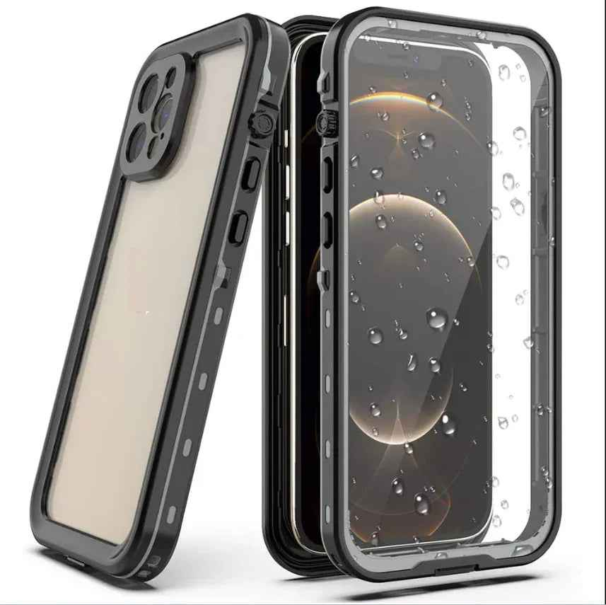 Techplus iPhone 13 Pro Max waterproof case in red with full protective cover, showing the rugged exterior and secure fit.