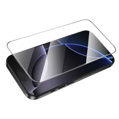 Clear TechPlus iPhone 14 glass screen protector displaying the front of an iPhone 14 with protective film applied