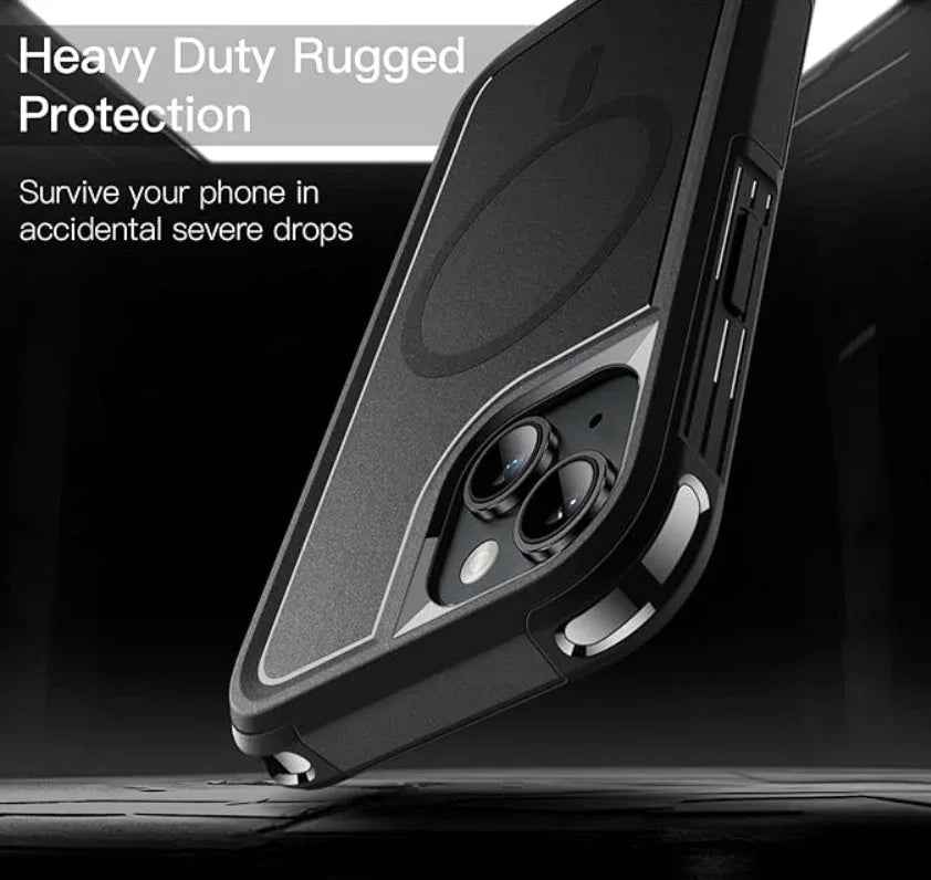 Techplus iPhone 15 MagSafe case in rugged shockproof heavy-duty design with textured black exterior and reinforced corners.